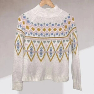 Cozy Christmas  Eyelash Multicoloured Mock Neck Fluffy Sweater in White, Small